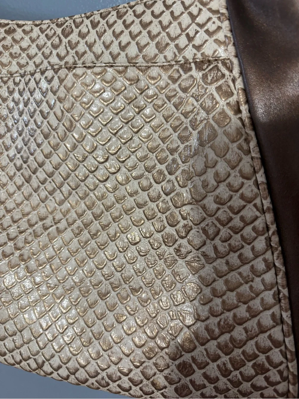 Brahmin Beige Brown Embossed Animal Print Shoulder Bag Zip Gold Dust Bag